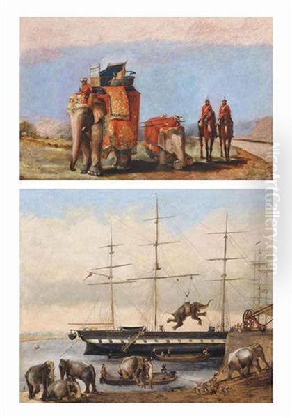 Elephants With Indian Military Figures Being Readied For A Procession (+ Unloading Of Elephants From A Ship; 2 Works) - view 1
