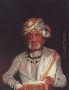 Portrait Of Sir Chamarajendra Wodyar, Maharajah Of Mysore, In A White Costume With A Belt Bearing A Minature Portrait Of Queen Victoria And A Blue And Gold Turban Portrait Of Sir Chamarajendra Wodyar, Maharajah Of Mysore, In A White Costume With A Belt Bearing A Minature Portrait Of Queen Victoria And A Blue And Gold Turban