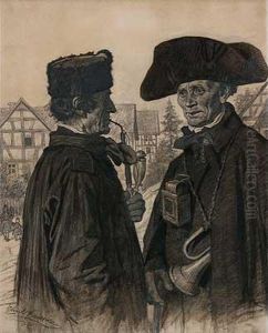 Postillion Und Bauer Im Gesprach Auf Der Dorfstrase by Emil Beithan