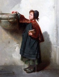 Young Girl Beside A Font by Francois-Louis Lanfant