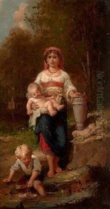 Femme Et Ses Enfants A La Riviere by Francois-Louis Lanfant