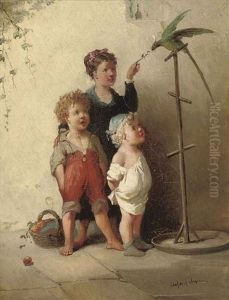 Playing With The Parrot In The Courtyard by Francois-Louis Lanfant
