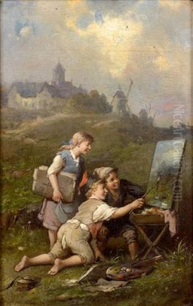 Enfants Peintres Sur Fond De Paysage - view 1