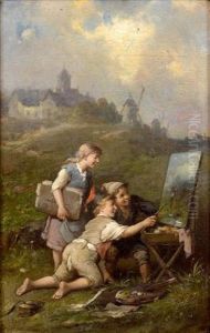 Enfants Peintres Sur Fond De Paysage