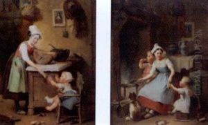 Hausliche Szene Mit Kindern (+ Another Similar; Pair)