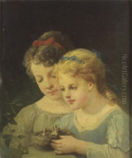 Deux Petites Filles Decouvrant Un Nid D'oisillons - view 1