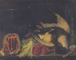 Tischstillleben Mit Topfen, Obst, Gemuse Und Einer Ente by Giuseppe Lanfranchi