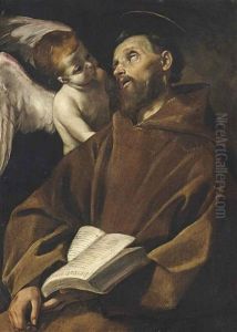 Saint Francis Reading The Passio Domini Nostri Jesu Christi In Ecstasy Supported By An Angel by Giovanni Lanfranco