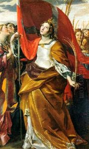 Saint Ursula Holding A Banner And A Palm Branch Looking Toward Heaven With Her Accompanying Virgins Holding Their Branches Of Martyrdom by Giovanni Lanfranco