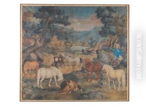 A Monumental And Rare Painting Of Horses At Pasture by Lang Shining (Giuseppe Castiglione)