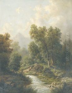 Alpenlandschaft Mit Junger Italienerin In Tracht Bei Einem Bach