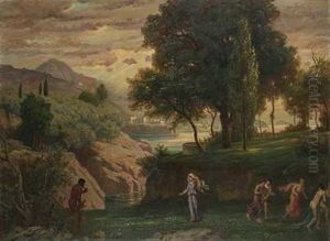 Satyr Erschreckt Die Nymphen In Antiker Ideallandschaft by Albert Lang