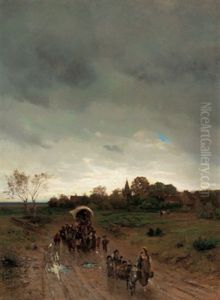 Abendstimmung Mit Fahrendem Volk Am Dorfweg by Albert Lang
