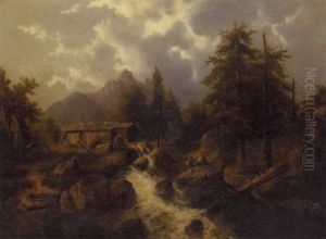 A Mountainous Landscape With A Watermill And Two Figures Seated On A Rock On The Foreground A Mountainous Landscape With A Watermill And Two Figures Seated On A Rock On The Foreground
