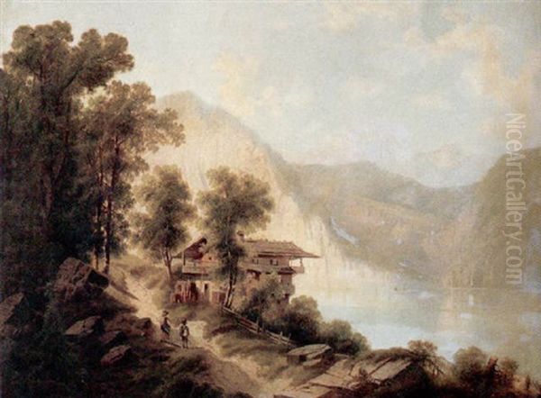 Figures On A Path Near A Mountain Lake - view 1
