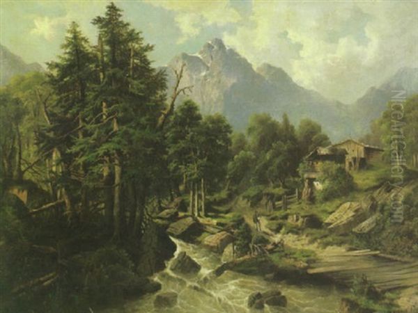 An Extensive Alpine Landscape With A Figure By A Mountain Stream In The Foreground - view 1