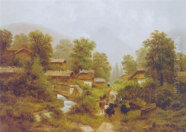 Heimtrieb, Bauernjunge Mit Kuhherde Auf Dem Weg In Ein Alpendorf - view 1