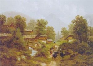 Heimtrieb, Bauernjunge Mit Kuhherde Auf Dem Weg In Ein Alpendorf