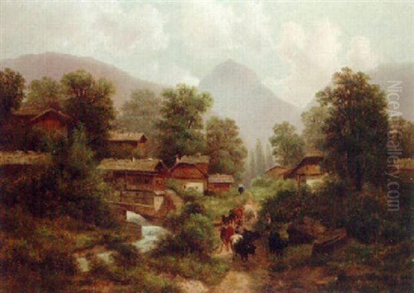 A Peasant Boy And His Cattle Returning Home In An Alpine Village - view 1