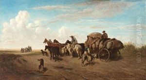 Das Als Extremes Querformat Angelegte Landschaftsbild Zeigt Vor Einem Niedrigen Horizont Ein Pferdegespann Mit Zwei Bauern, Das Einen Wagen Mit Getreidesacken Entlang Eines Feldweges Zieht by Heinrich Lang