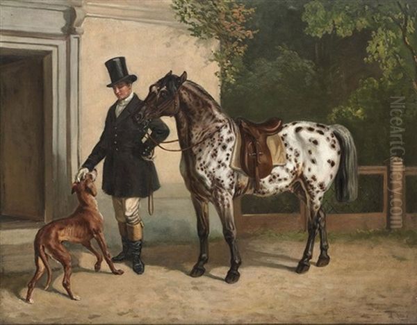 A Huntsman With His Dog And A Piebald Pony - view 1