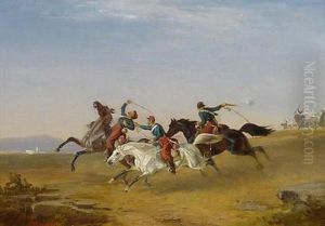 Schlacht In Der Wuste. Fluchtende Kavallerie Im Schuswechsel Mit Berittenen Arabern by Heinrich Lang