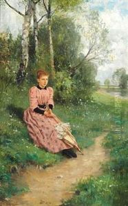 Young Woman In A Pink Dress, Sitting With Parasol Near A Lake by Louis Lang
