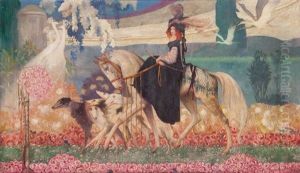 Jonge Edeldame Te Paard Met Zestal Windhonden