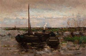 Moored Barge And Rowing Boat In A Polder Landscape by Adolf Frederik Lange