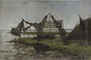 Drying The Fish-traps by Adolf Frederik Lange