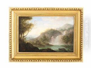 Weite Landschaft Mit Wasserfall Und Personenstaffage Weite Landschaft Mit Wasserfall Und Personenstaffage