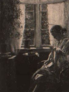 Interior Scene With Woman Sewing At Window