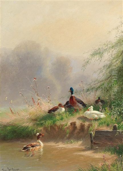Family Of Ducks By The Pond - view 1