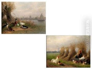 Huhnerfamilie Vor Korngarben Mit Silhouette Der Stadt Koln (+ Entenfamilie Mit Wildenten Am Rheinufer; Pair) by Fritz Lange