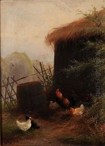 Huhner Und Hahn Vor Einer Scheune by Fritz Lange