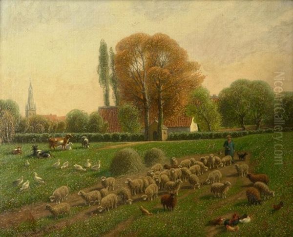 Sommertag Auf Dem Lande. Ein Bauer Bei Kuhen, Schafen Und Federvieh Auf Einer Wiese Am Rande Des Dorfes - view 1