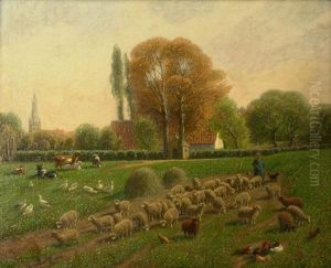Sommertag Auf Dem Lande. Ein Bauer Bei Kuhen, Schafen Und Federvieh Auf Einer Wiese Am Rande Des Dorfes