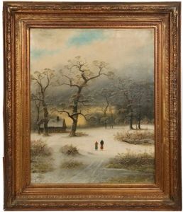 Winter Landscape With Couple Approaching Cottage by Johann Gustav Lange