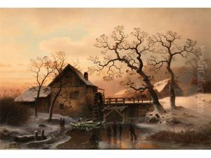 Hollandische Muhle In Winterlandschaft Mit Eislaufern