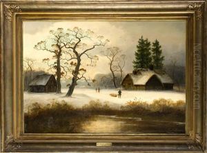Winterlandschaft Mit Holzsammlern An Einem Kleinen Gehoft