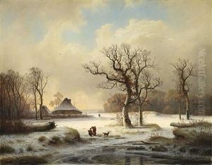 Winter Landscape With Farmstead And Brushwood Collectors by Johann Gustav Lange