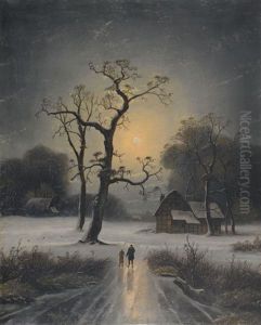Winterlicher Spaziergang Bei Vollmond by Johann Gustav Lange