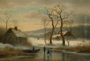 Winterlandschaft Mit Schlittschuhlaufer