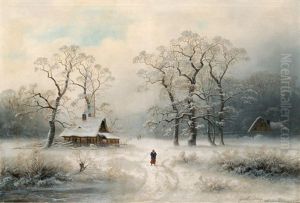 Farmyards In A Winterly Forest by Johann Gustav Lange