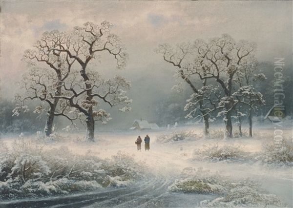 Zwei Frauen Auf Dem Weg In Verschneiter Winterlicher Landschaft - view 1
