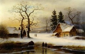 Abendstimmung Uber Winterlandschaft Mit Flusslauf Und Jagern Abendstimmung Uber Winterlandschaft Mit Flusslauf Und Jagern