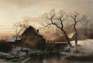 Eisvergnugen. Buntes Treiben Vor Einer Wassermuhle In Der Abendsonne by Johann Gustav Lange
