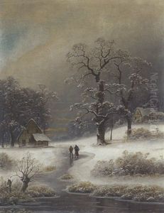 Dorf In Winterlandschaft by Johann Gustav Lange
