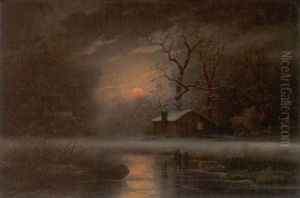 Winterlandschaft Mit Eislaufern Im Mondenschein by Johann Gustav Lange