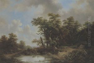 Bewaldete Landschaft Mit Einem Teich Und Figuren Bewaldete Landschaft Mit Einem Teich Und Figuren